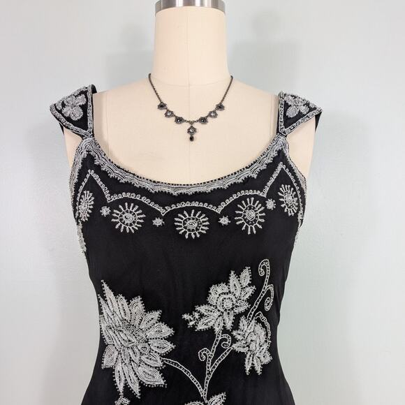 Vtg Papell Prom Dress Maxi Gown 12 Black White Silk Floral Fairy Goth 90s Y2K - Picture 9 of 11